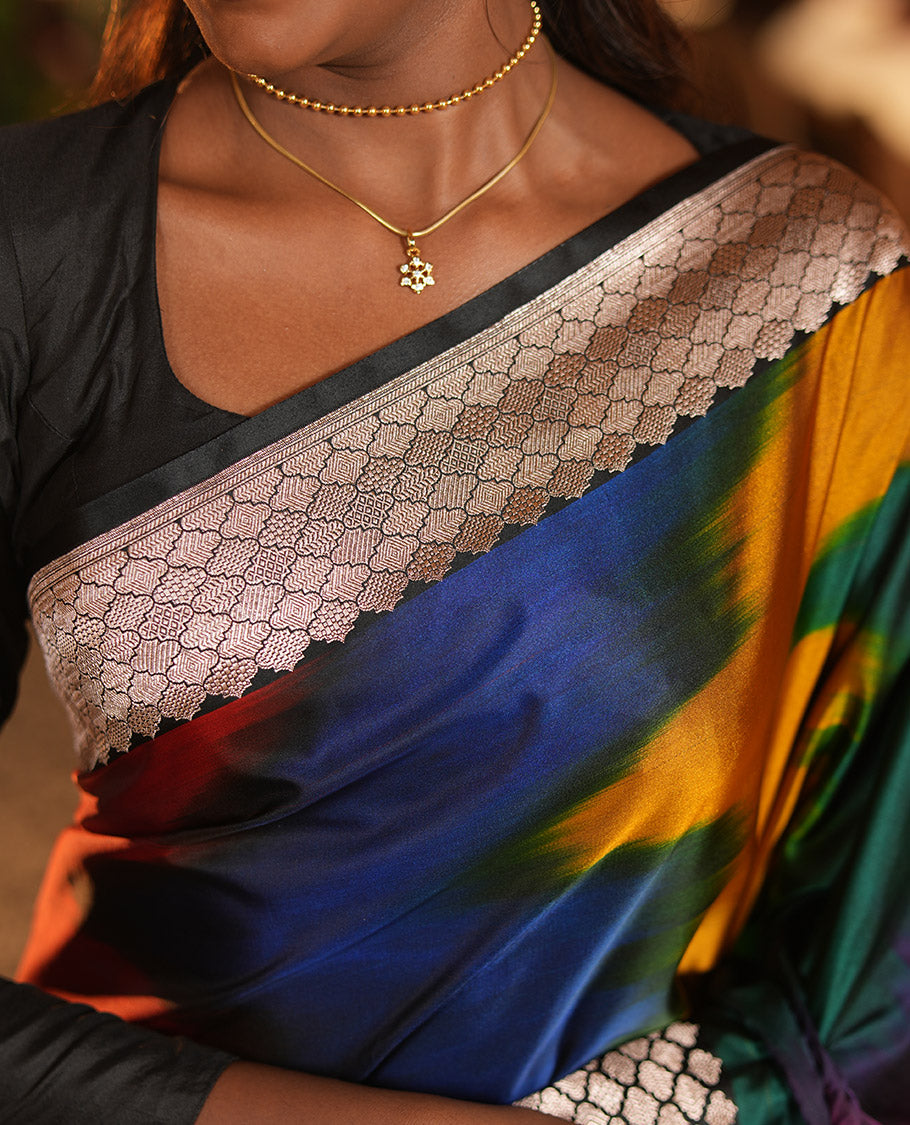 Green-Multi-Color Mushru Silk Saree with Pochampally Weave, Contrast Ogee Border, Grand Ogee Pallu, and Contrast Blouse