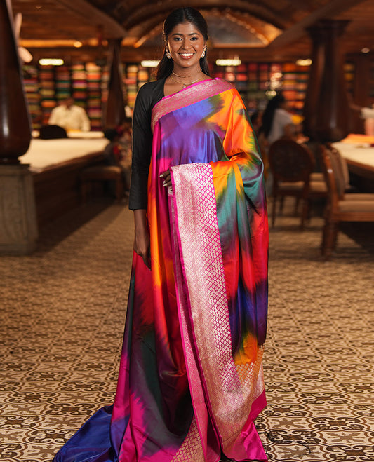 Pink-Multi-Color Mushru Silk Saree with Pochampally Weave, a Contrast Ogee Border, Grand Ogee-Patterned Pallu, and Contrast Blouse