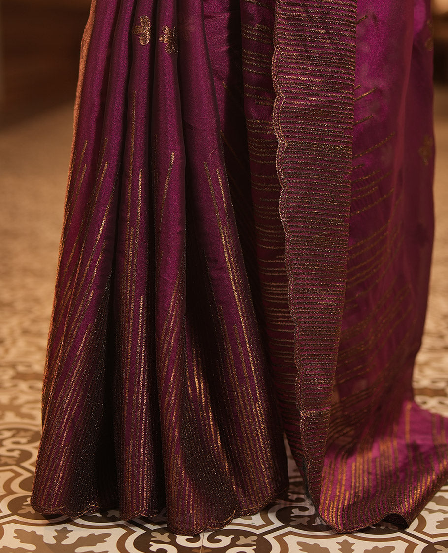 Purple Iconic Blooming Saree, Woven with Floral Copper-Thread Embroidery Border, and Matching Blouse