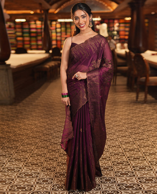 Purple Iconic Blooming Saree, Woven with Floral Copper-Thread Embroidery Border, and Matching Blouse