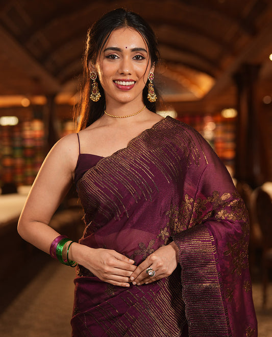 Purple Iconic Blooming Saree, Woven with Floral Copper-Thread Embroidery Border, and Matching Blouse