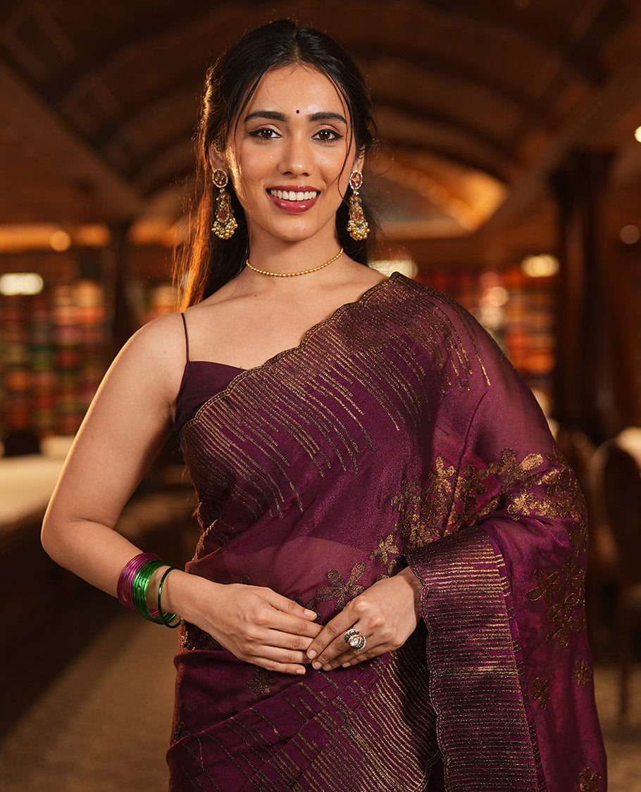 Purple Iconic Blooming Saree, Woven with Floral Copper-Thread Embroidery Border, and Matching Blouse
