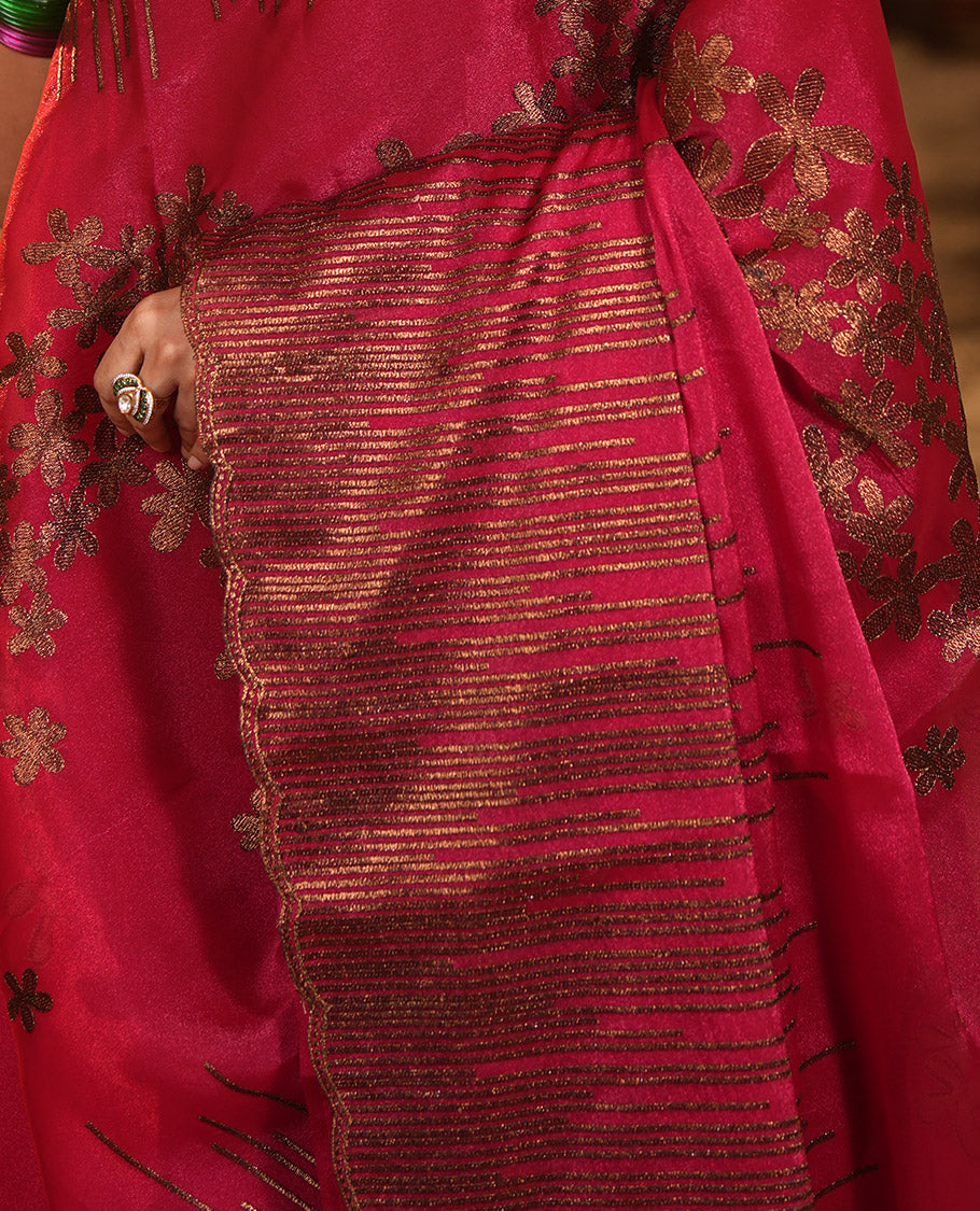 Pink Iconic Blooming Saree, with Floral Copper Thread Embroidery Border, and Matching Blouse