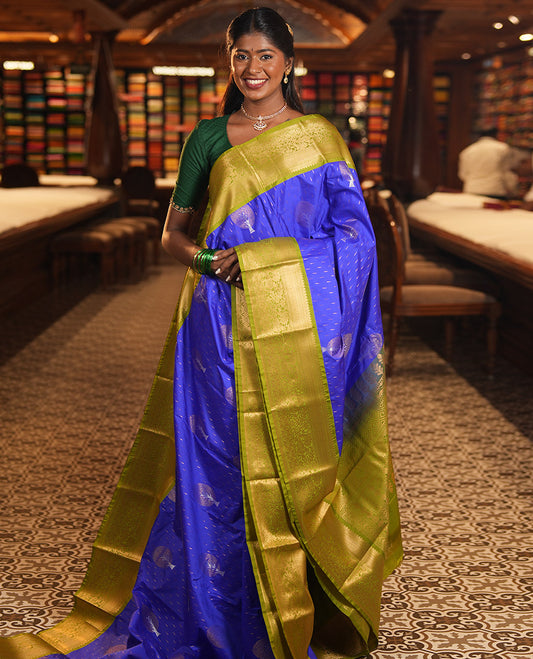 M.s Blue-Green Budget Silk Saree, Boldly Accentuated with Zari Buttas, Complemented by a Contrast Traditional Zari Border, Grand Pallu, and a Contrast Blouse