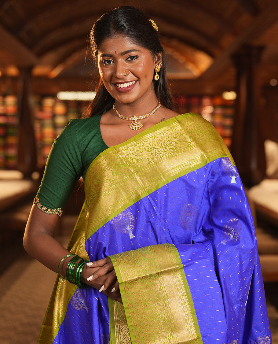 M.s Blue-Green Budget Silk Saree, Boldly Accentuated with Zari Buttas, Complemented by a Contrast Traditional Zari Border, Grand Pallu, and a Contrast Blouse