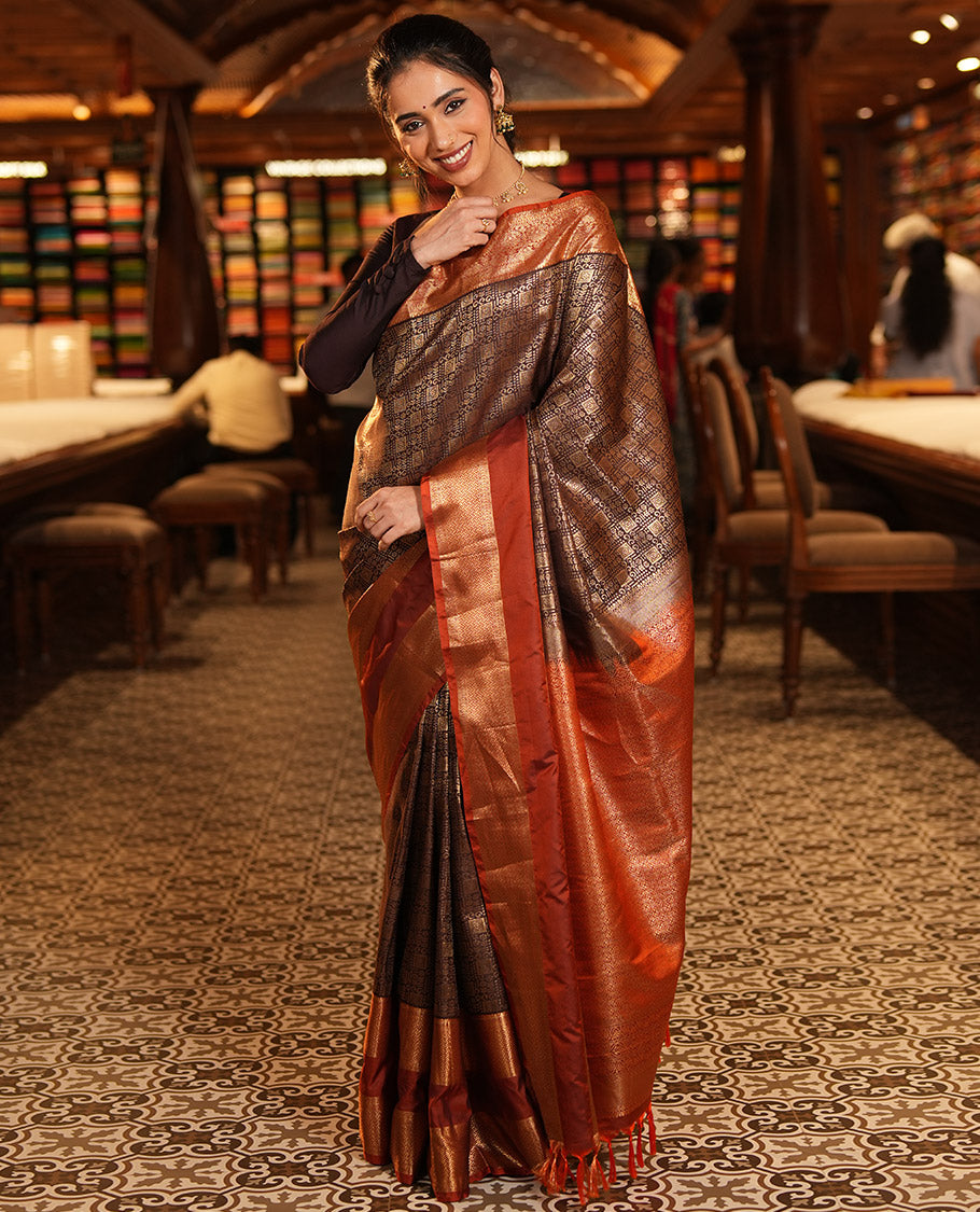 Coffee Brown-Rust Orange Budget Silk Saree Features Jacquard, Contrast Rettai Pettu Border, Grand Pallu, and a Contrast Blouse