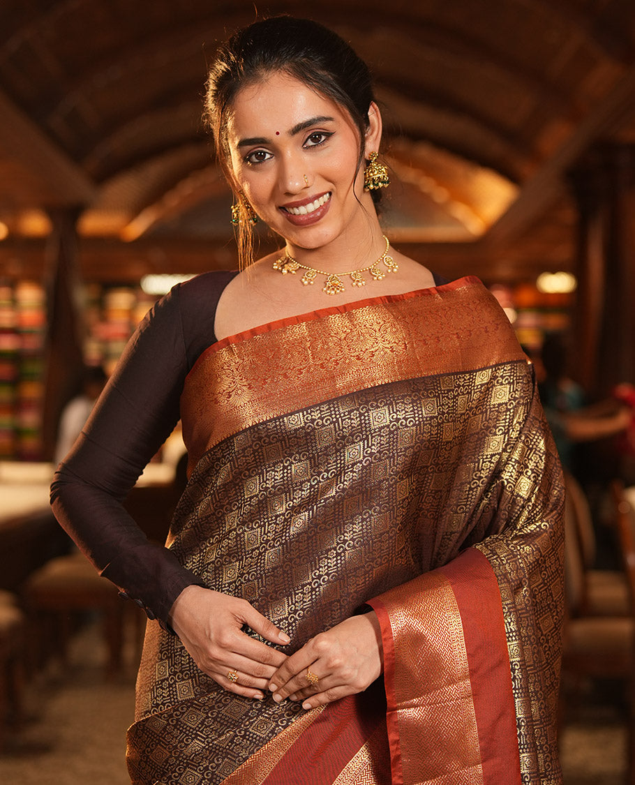 Coffee Brown-Rust Orange Budget Silk Saree Features Jacquard, Contrast Rettai Pettu Border, Grand Pallu, and a Contrast Blouse