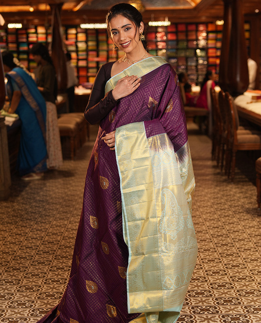 Purple Budget Silk Saree, Mesmerized with Zari Butta and Checks, Contrast Paisley Zari Border, Grand Pallu, and a Contrast Blouse