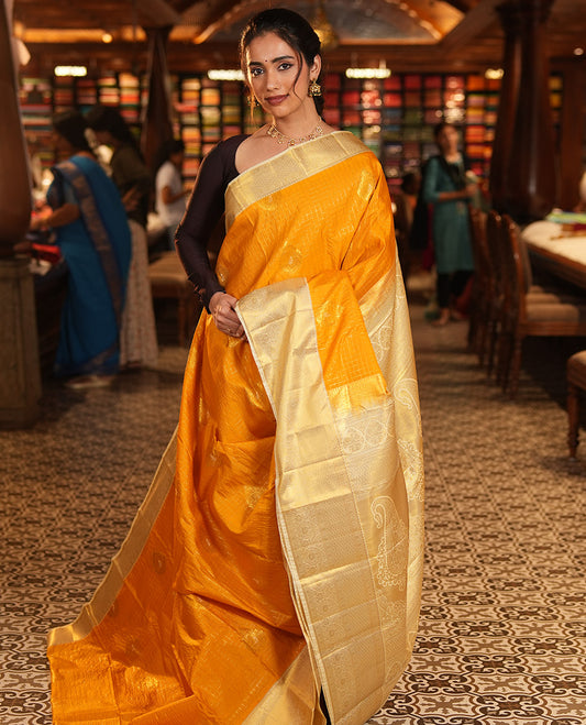 Mustard Budget Silk Saree, Mesmerized with Zari Butta and Checks, Contrast Paisley Zari Border, Grand Pallu, and a Contrast Blouse
