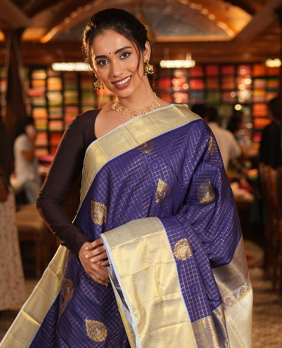 Blue Budget Silk Saree, Mesmerized with Zari Butta and Checks, Contrast Paisley Zari Border, Grand Pallu, and a Contrast Blouse