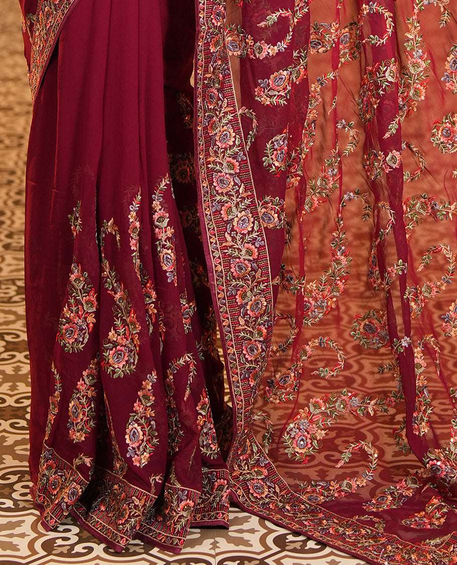 Wine Georgette Designer Saree Features Color-Thread Paisley Embroidery, a Matching Blouse