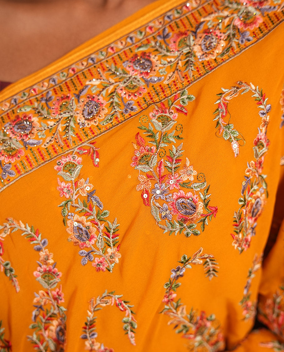Mustard Georgette Designer Saree Features Color-Thread Paisley Embroidery, a Matching Blouse