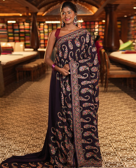 Purple Georgette Designer Saree Features Color-Thread Paisley Embroidery, Matching Blouse