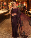 Purple Turkey Organza Saree Features Rose Floral Applique Embroidery, a Scallop Border, Matching Blouse