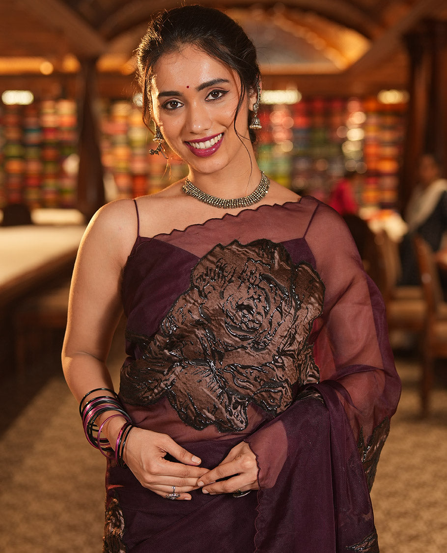 Purple Turkey Organza Saree Features Rose Floral Applique Embroidery, a Scallop Border, Matching Blouse