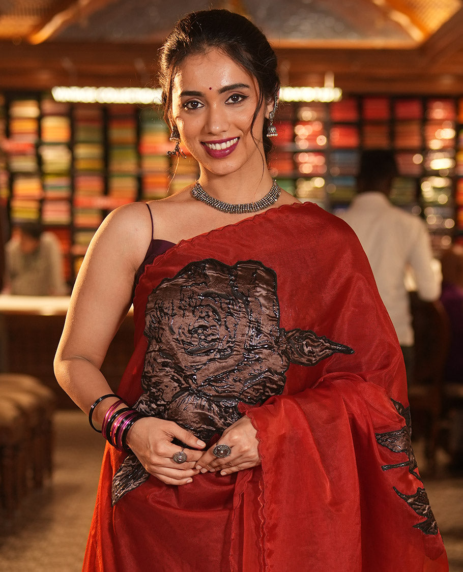 Red Turkey Organza Saree, Rose Floral Applique Embroidery, Scallop Border, Matching Blouse