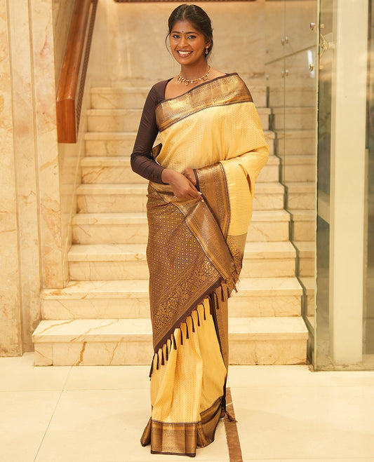 Off-White-Coffee Brown Budget Silk Saree Features Zari Designs, Contrast Border, Pallu, and Contrast Blouse