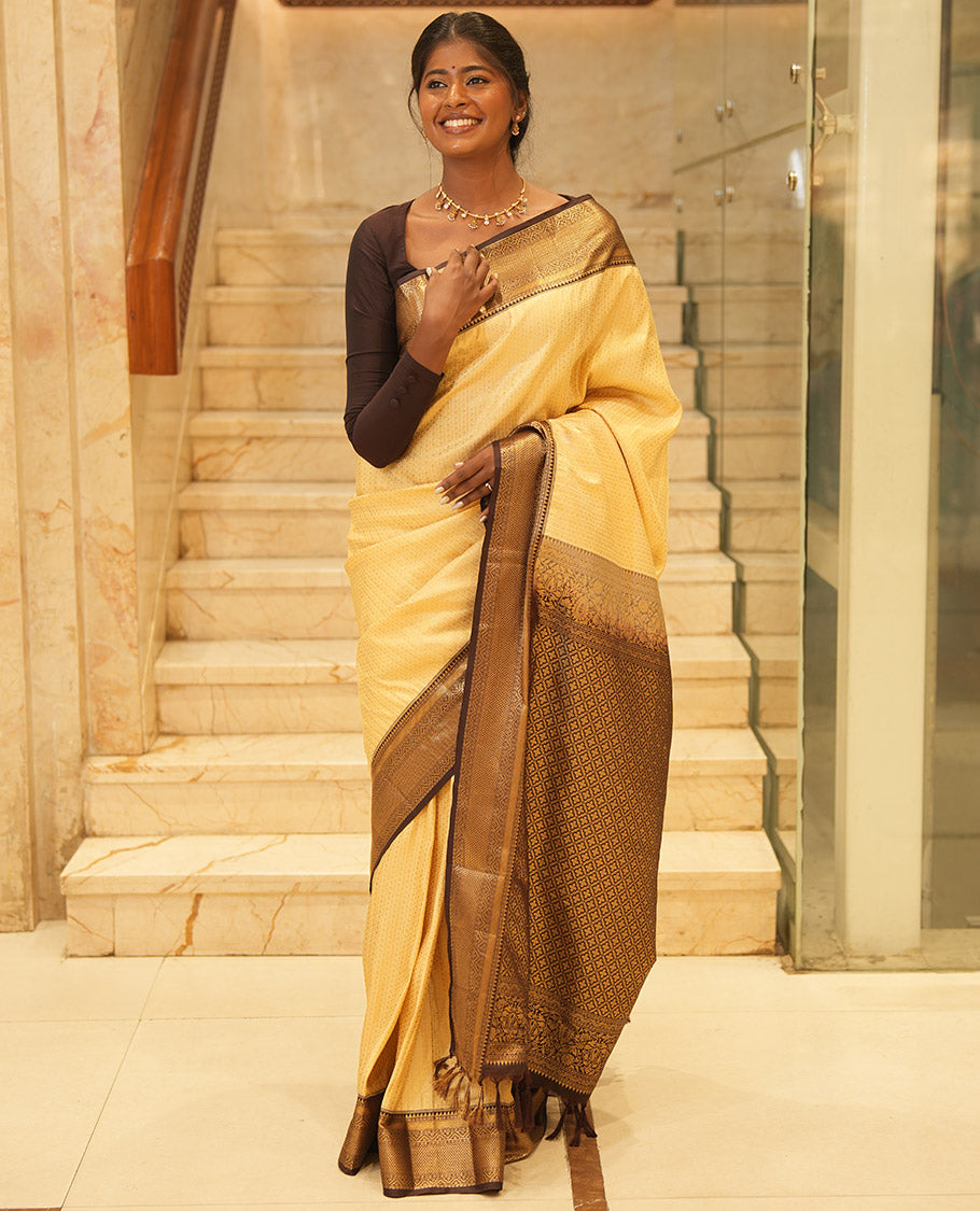 Off-White-Coffee Brown Budget Silk Saree Features Zari Designs, Contrast Border, Pallu, and Contrast Blouse
