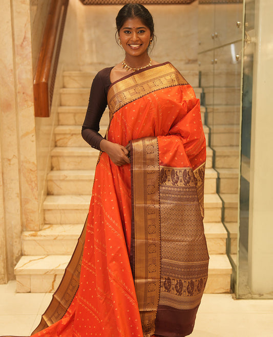 Rust-Brown Budget Silk Saree, Enriched with Zari Designs, Contrast Border, Pallu, and Contrast Blouse