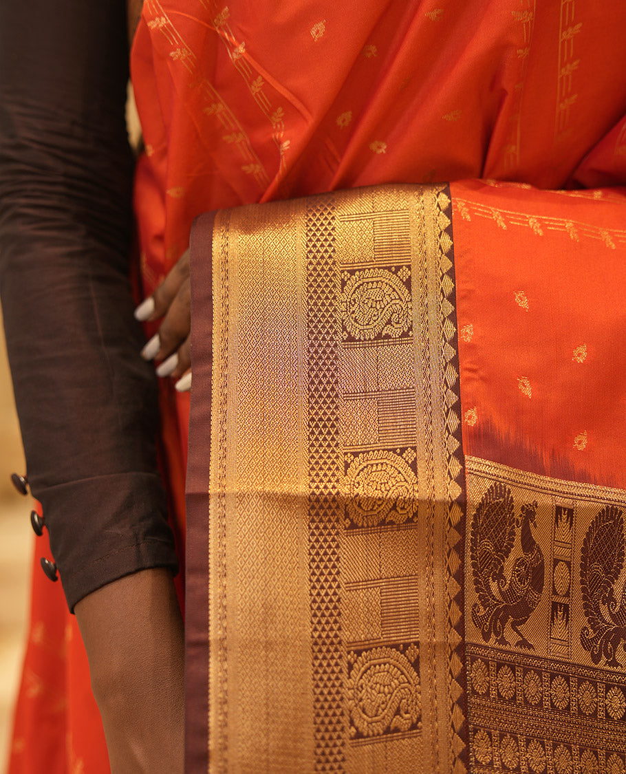Rust-Brown Budget Silk Saree, Enriched with Zari Designs, Contrast Border, Pallu, and Contrast Blouse