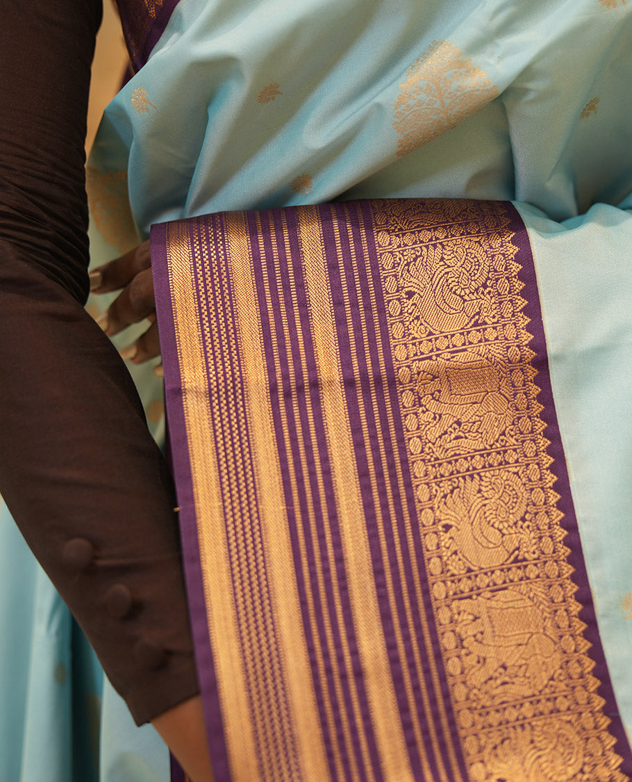Sky Blue-Purple Budget Silk Saree Features Buttas, Contrast Elephant Border, Pallu, Contrast Blouse