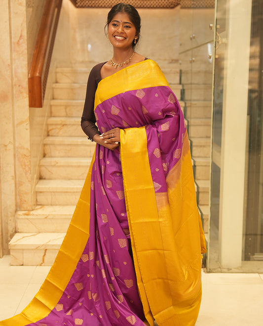 Magenta-Fluorescent Green Budget Silk Saree Features Buttas, Contrast Border, Pallu, and Contrast Blouse