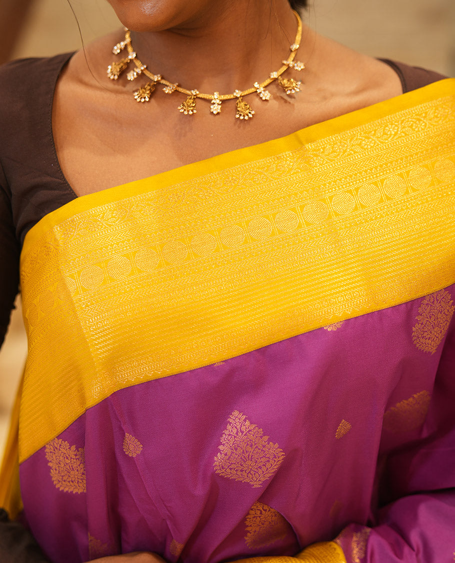 Magenta-Fluorescent Green Budget Silk Saree Features Buttas, Contrast Border, Pallu, and Contrast Blouse