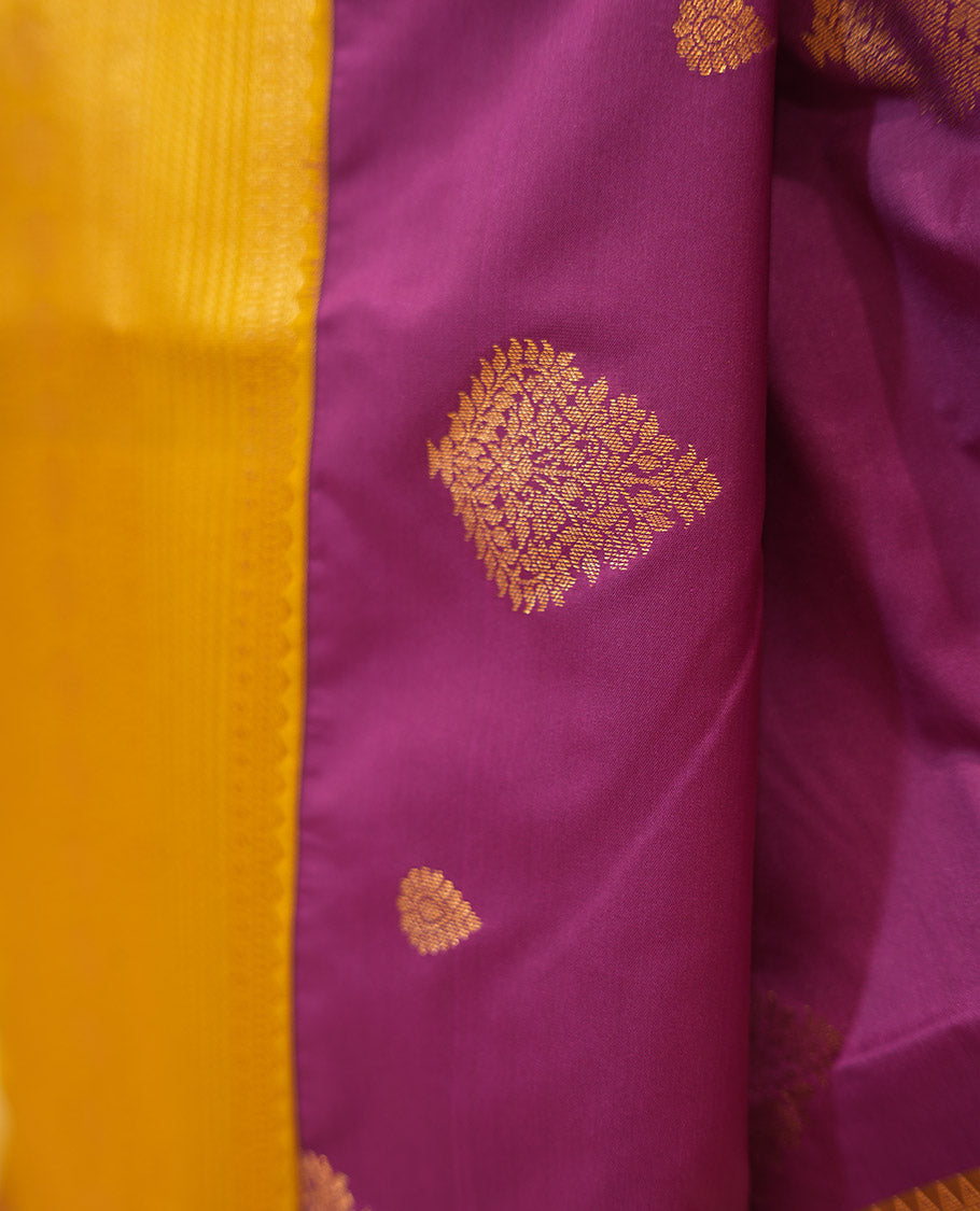 Magenta-Fluorescent Green Budget Silk Saree Features Buttas, Contrast Border, Pallu, and Contrast Blouse