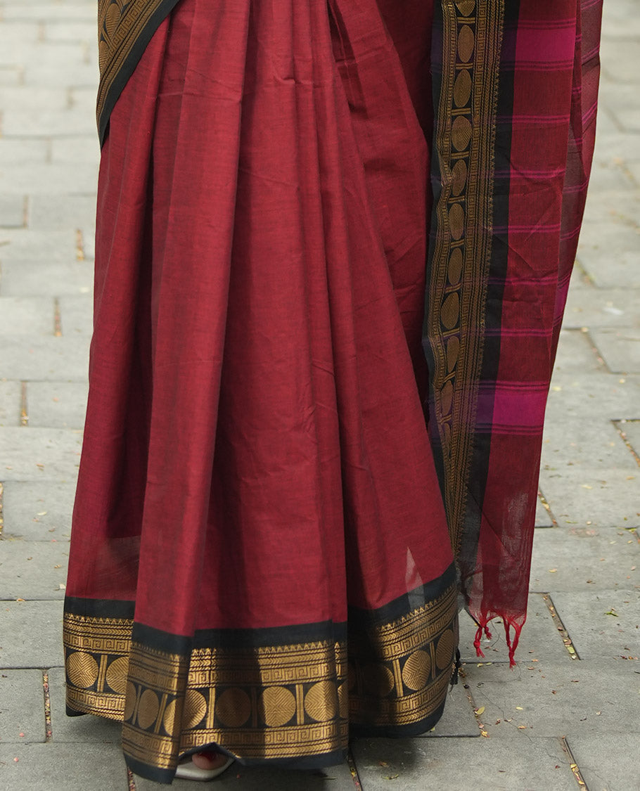 Maroon Plain Chettinad Cotton Saree, Complemented by a Contrast Rudraksham Design Traditional Zari  Border, Subtly Striped Pallu, and Paired with a Matching Blouse