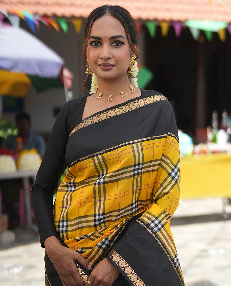 Yellow-Black Vasundhara Lite Silkmix Saree, Elevated with Checks, Contrast Rettai Pettu Border of Rekku and Poun, Zari-Striped Pallu, and a Contrast Blouse