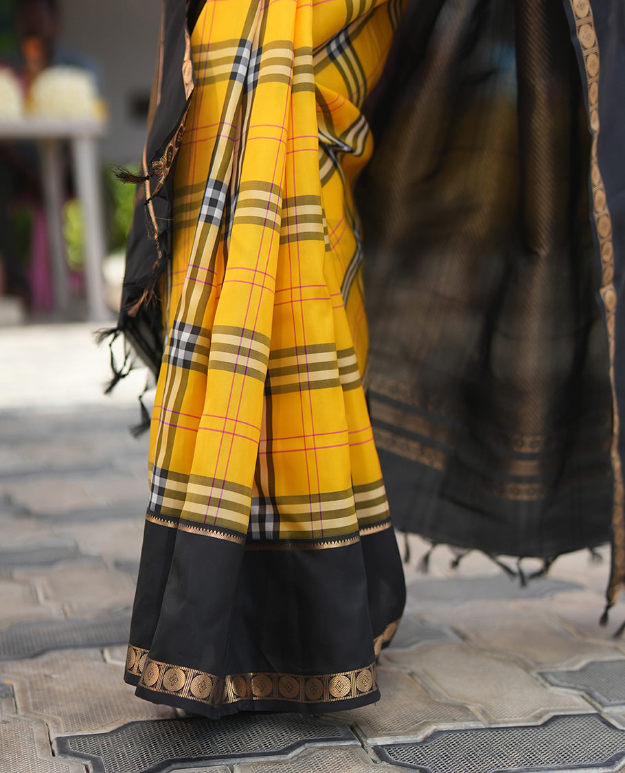 Yellow-Black Vasundhara Lite Silkmix Saree, Elevated with Checks, Contrast Rettai Pettu Border of Rekku and Poun, Zari-Striped Pallu, and a Contrast Blouse