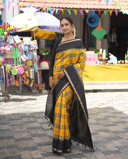 Yellow-Black Vasundhara Lite Silkmix Saree, Elevated with Checks, Contrast Rettai Pettu Border of Rekku and Poun, Zari-Striped Pallu, and a Contrast Blouse