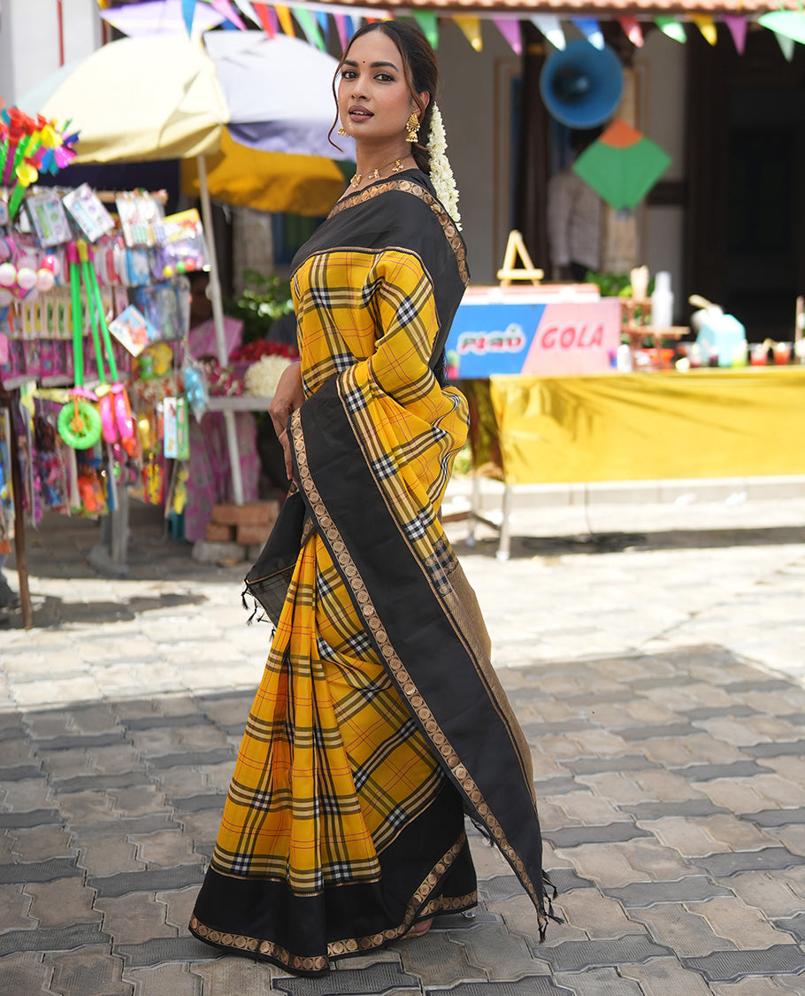 Yellow-Black Vasundhara Lite Silkmix Saree, Elevated with Checks, Contrast Rettai Pettu Border of Rekku and Poun, Zari-Striped Pallu, and a Contrast Blouse