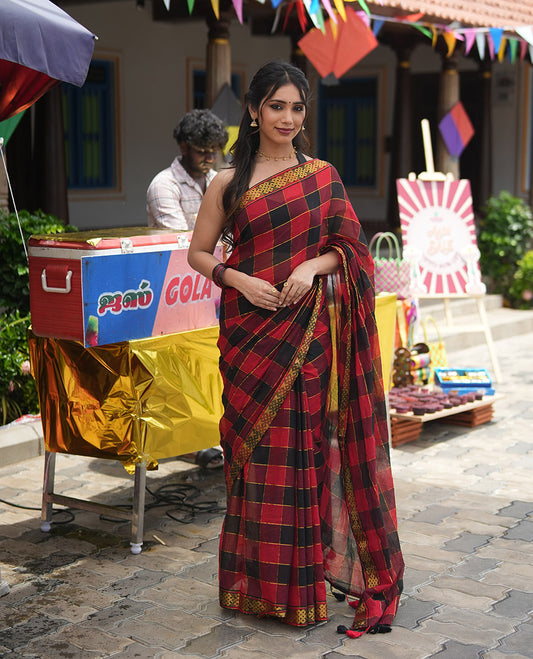 Red and Black Khadi Mul Cotton Saree Features Checks, Highlighted by Kolama Motifs Zari Border, and  No Blouse