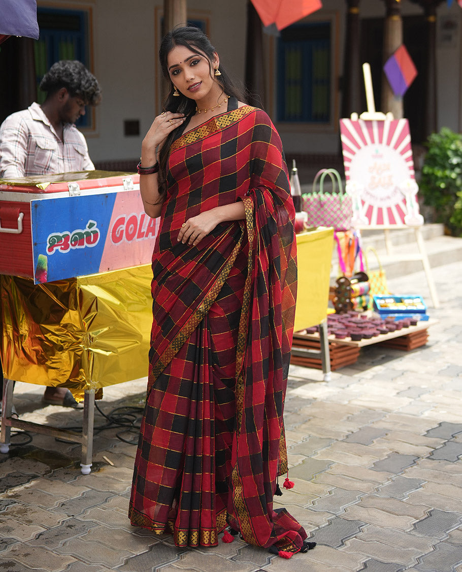 Red and Black Khadi Mul Cotton Saree Features Checks, Highlighted by Kolama Motifs Zari Border, and  No Blouse