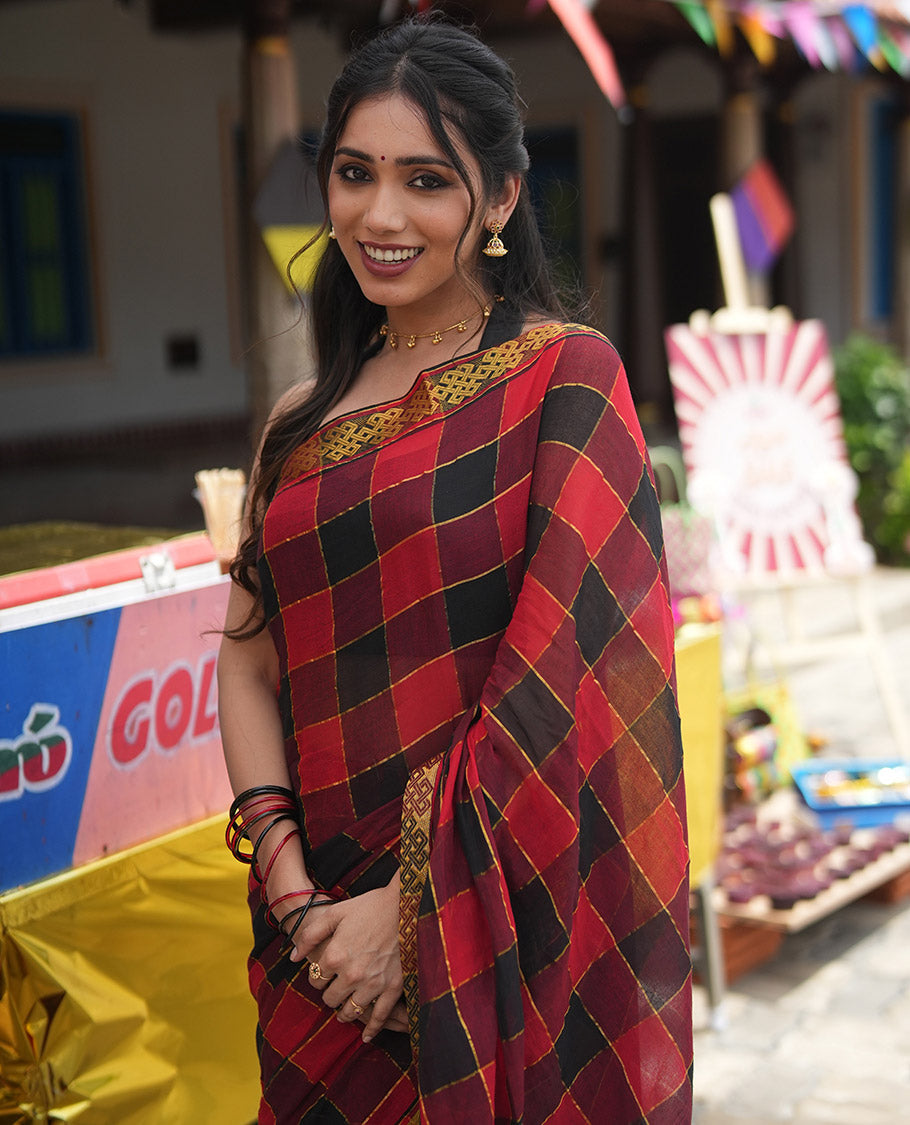 Red and Black Khadi Mul Cotton Saree Features Checks, Highlighted by Kolama Motifs Zari Border, and  No Blouse
