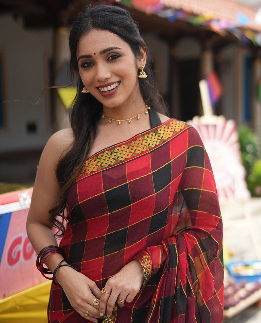 Red and Black Khadi Mul Cotton Saree Features Checks, Highlighted by Kolama Motifs Zari Border, and  No Blouse