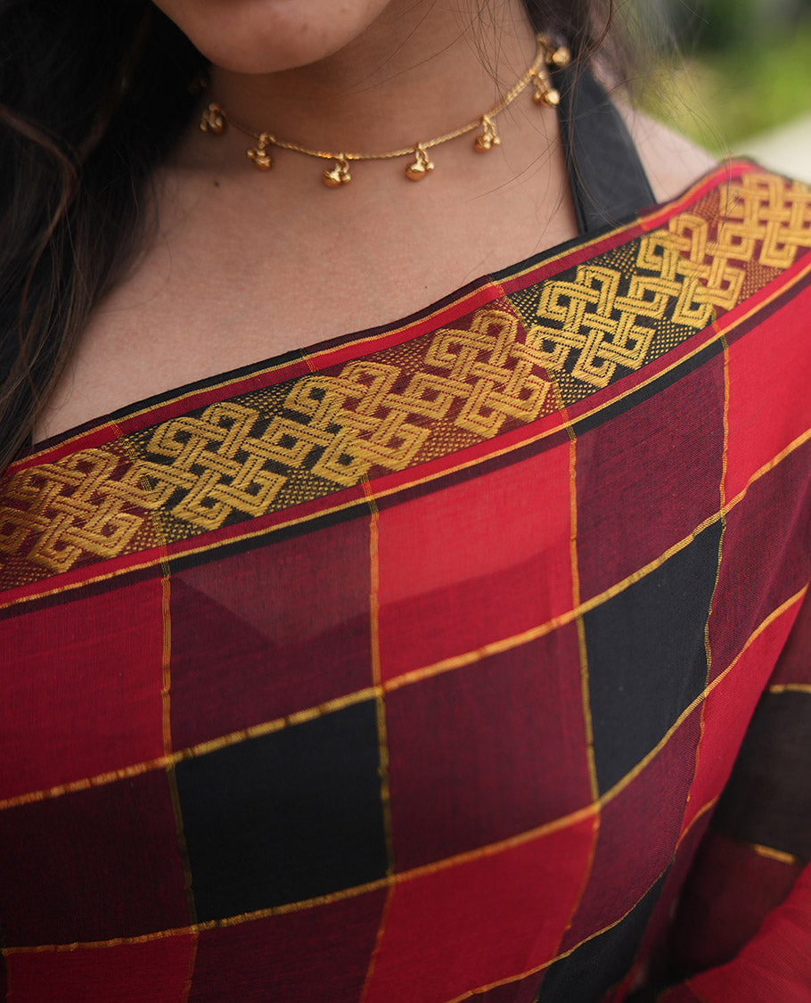 Red and Black Khadi Mul Cotton Saree Features Checks, Highlighted by Kolama Motifs Zari Border, and  No Blouse