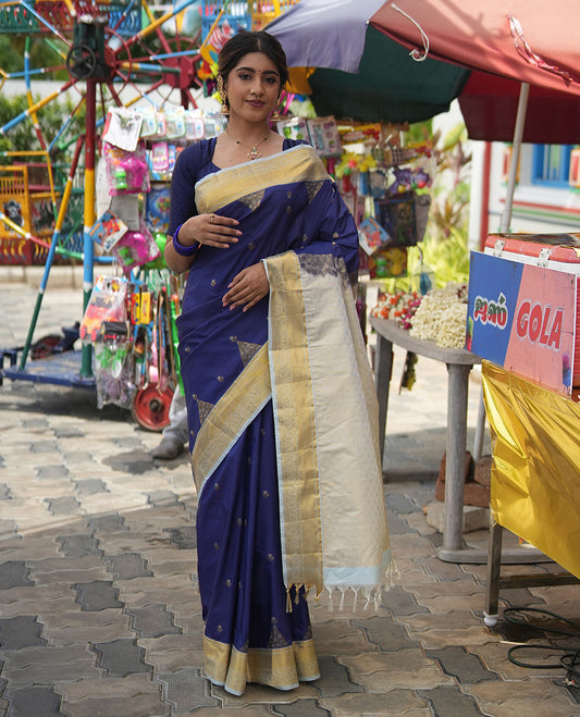 Sky Blue Budget Silk Saree, Embellished with Floral Zari Buttas, a Contrast Traditional Zari Border, Grand Pallu, and a Contrast Blouse
