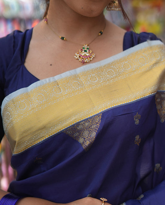 Dark Blue-Sky Blue Budget Silk Saree, Embellished with Floral Buttas, Contrast Traditional Border, Grand Pallu, and Contrast Blouse