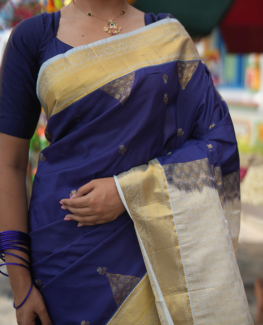 Sky Blue Budget Silk Saree, Embellished with Floral Zari Buttas, a Contrast Traditional Zari Border, Grand Pallu, and a Contrast Blouse