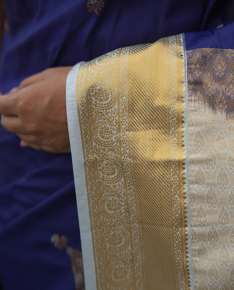 Sky Blue Budget Silk Saree, Embellished with Floral Zari Buttas, a Contrast Traditional Zari Border, Grand Pallu, and a Contrast Blouse