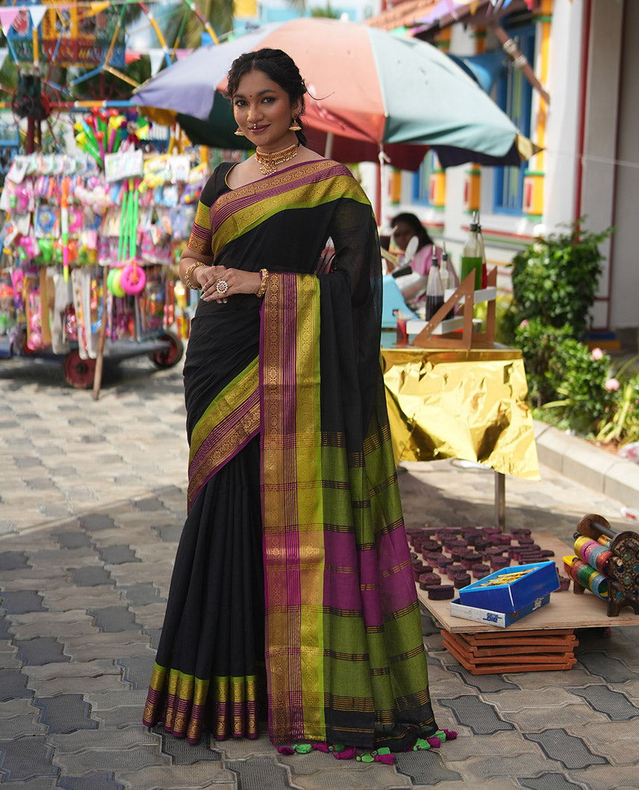 Black Plain Khadi Mul Cotton Saree, Complemented by a Contrast Traditional Zari Border,  Striped Pallu, and a Matching Blouse