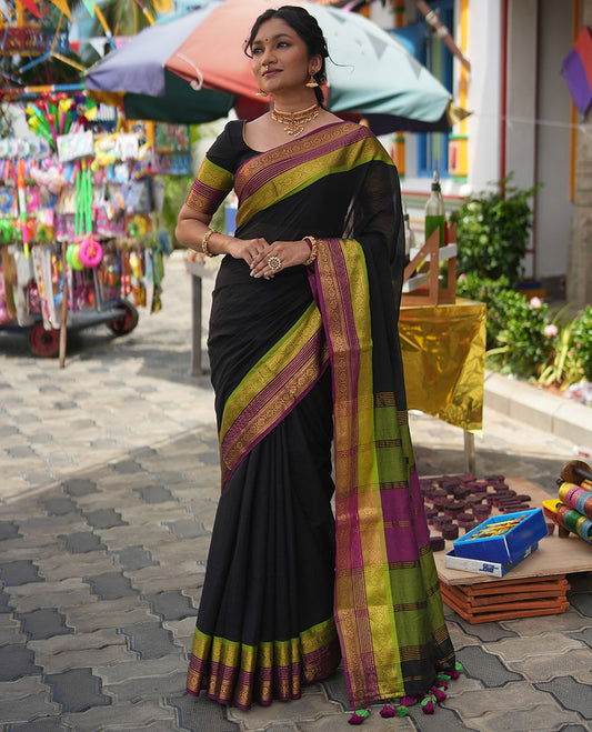 Black Plain Khadi Mul Cotton Saree, Complemented by a Contrast Traditional Zari Border,  Striped Pallu, and a Matching Blouse