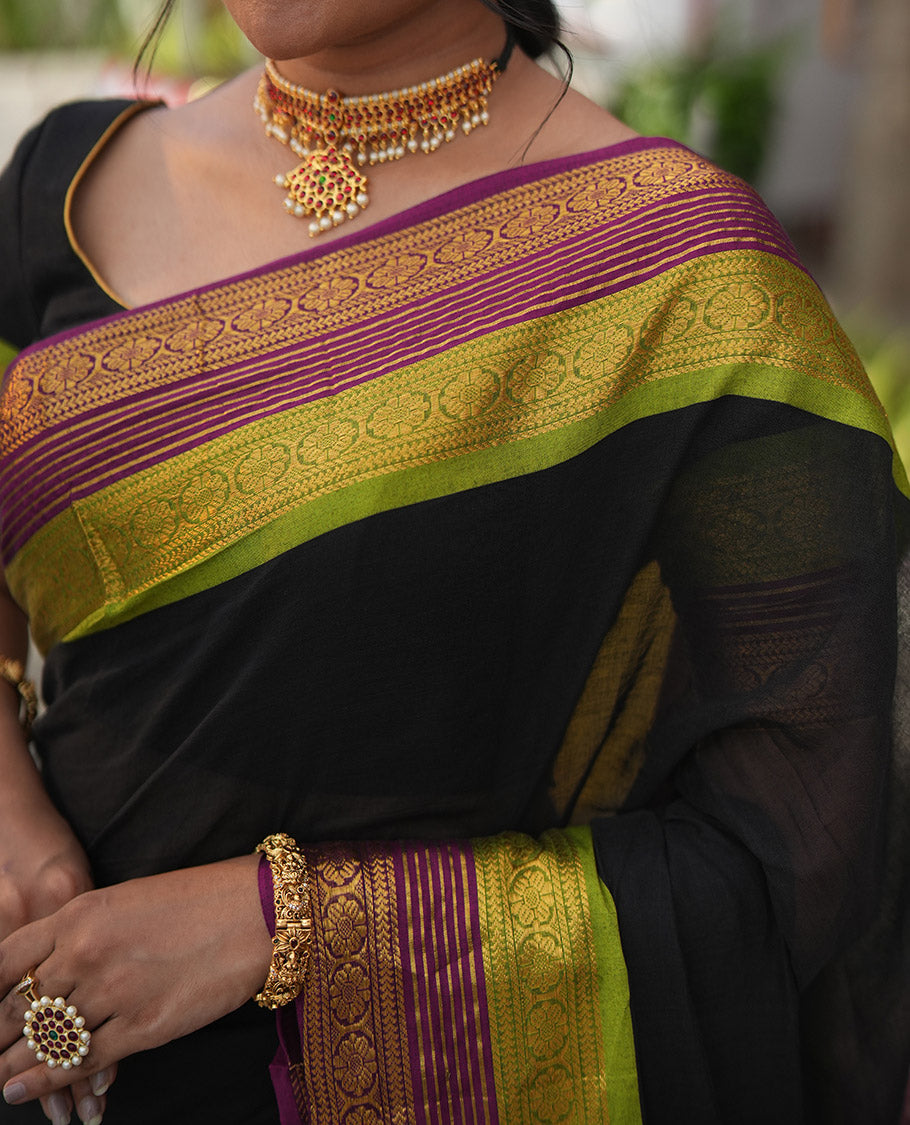 Black Plain Khadi Mul Cotton Saree, Complemented by a Contrast Traditional Zari Border,  Striped Pallu, and a Matching Blouse
