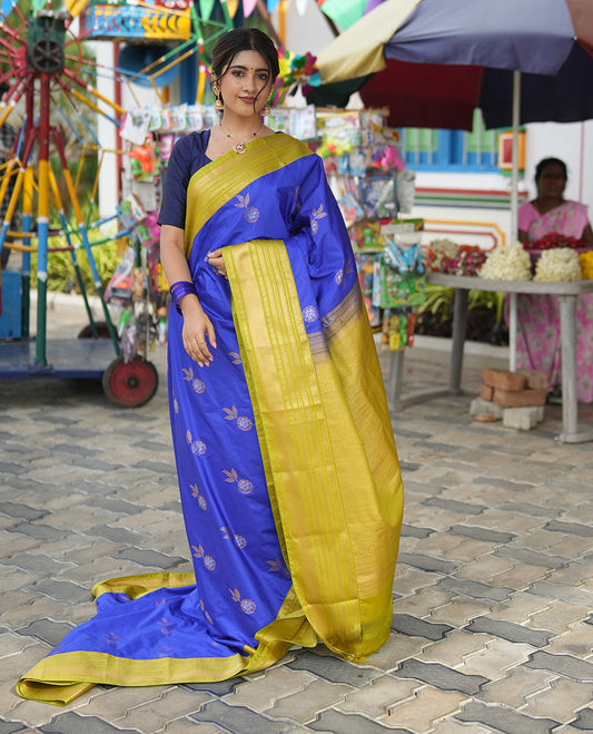M.s Blue-Green Budget Silk Saree, Accentuated with Floral Zari Buttas, a Contrast Traditional Zari Border, Grand Pallu, and a Contrast Blouse