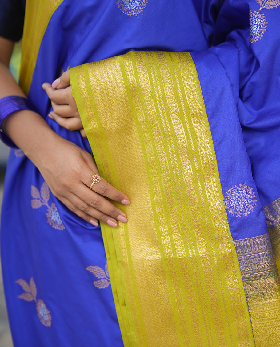 M.s Blue-Green Budget Silk Saree, Accentuated with Floral Zari Buttas, a Contrast Traditional Zari Border, Grand Pallu, and a Contrast Blouse