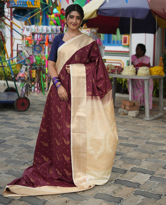 Maroon-Cream Budget Silk Saree, Adorned with Kolam and Floral Buttas, a Contrast Traditional Zari Border, Grand Pallu, and a Contrast Blouse