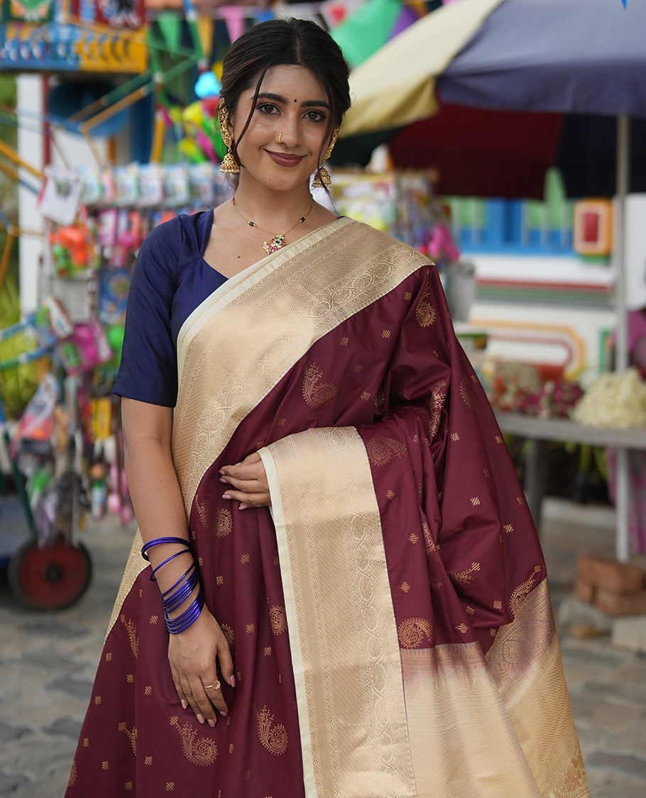 Maroon-Cream Budget Silk Saree, Adorned with Kolam and Floral Buttas, a Contrast Traditional Zari Border, Grand Pallu, and a Contrast Blouse