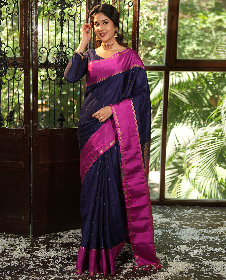 Blue Vasundhara Lite-Silk Mix Saree, Beautifully Decorated with Zari Buttas All Over Its Body, Complemented by Contrast Rettai Pettu Border of Zari Stripes, Pallu Accentuated with Jaal Designs, and Paired with a Contrast Blouse